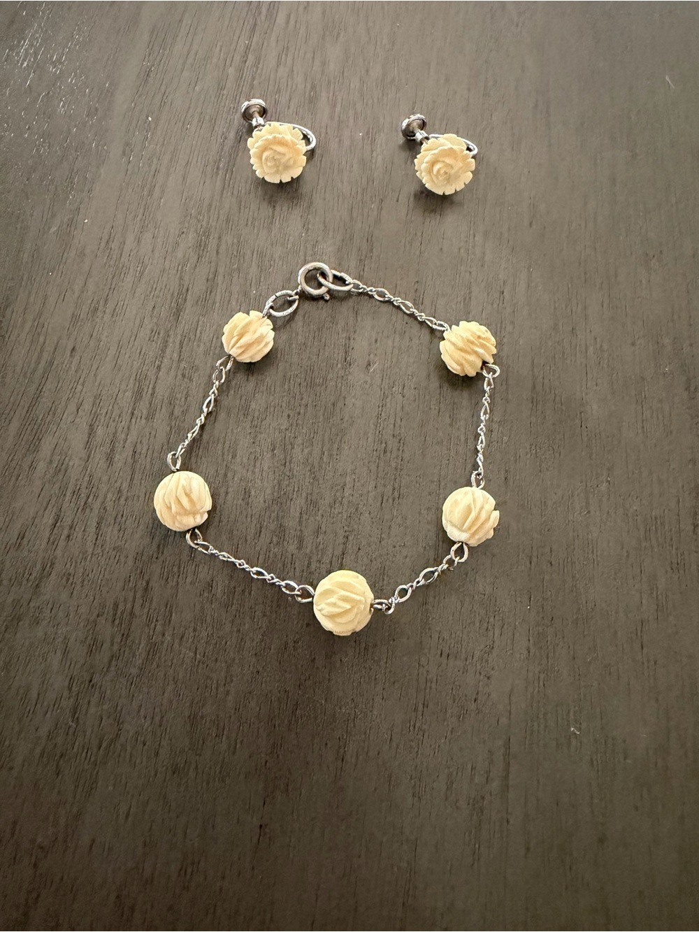 Vintage Beau Sterling Cream Floral Bead Bracelet and Stud Earrings Set